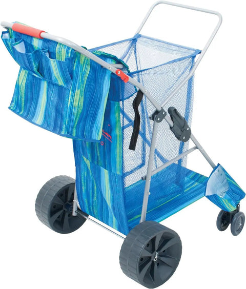 Wonder Wheeler Deluxe All Terrain Utility Cart For Lawn And Beach Folding Tote With 10 Inch Wheels Handles 48 Quart Cooler And Four Beach Chairs
