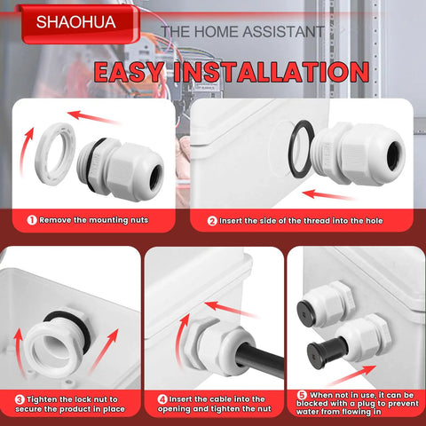 Forty Piece NPT Cable Gland Kit Rugged IP68 Waterproof Cord Grip Set With NPT Sizes One Quarter Inch Three Eighths Inch One Half Inch Three Quarters Inch And One Inch Plus Nineteen Top Hat Grommets For Nylon Strain Relief And Cord Connectors, white NPT cable gland installation steps