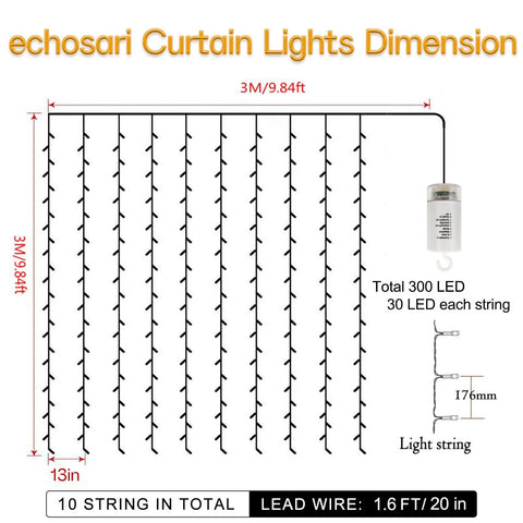 Battery Operated Fairy Curtain Lights With Remote Timer Nine Point Eight Feet By Nine Point Eight Feet Of Warm White LEDs diagram