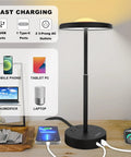 LED Table Lamp Dimmable Desk Lamp Reading Lamp With USB A And Type C Charging Port 2 Prong Outlet Power Touch Control Night Light Retractable for Bedroom Living Room Dorm Study Home Office, shown with charging ports and outlets, next to electronic devices on a wooden desk.