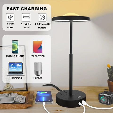 LED Table Lamp Dimmable Desk Lamp Reading Lamp With USB A And Type C Charging Port 2 Prong Outlet Power Touch Control Night Light Retractable for Bedroom Living Room Dorm Study Home Office, shown with charging ports and outlets, next to electronic devices on a wooden desk.