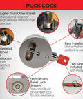 Heavy Duty Puck Lock in Stainless Steel for Padlock Replacement; features and benefits highlighted with product images.