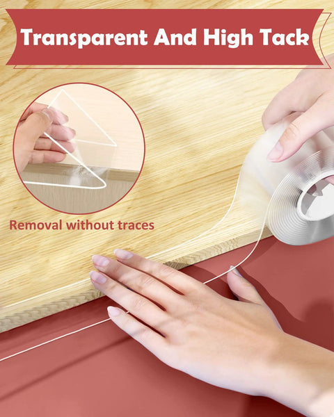 Applying Clear Edge Protector Strips For Baby Proofing And Furniture Safety on wood table, soft corner guards, eco-friendly nano material.