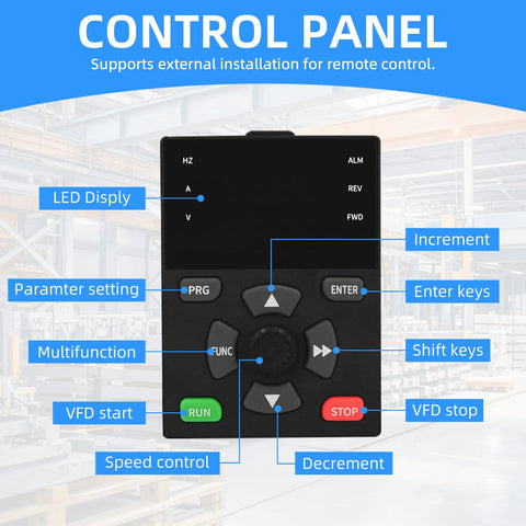 Control panel of Beefy 2.2KW Variable Frequency Drive Inverter For 1 Phase To 3 Phase Motors And Water Pump with labeled functions