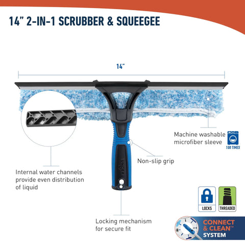 2 In 1 Squeegee And Scrubber Window Cleaning Tool With 14 Inch Blade And 8 Foot Connect And Clean Pole For Streak Free Glass Cleaning At Home Or Pro Jobs Microfiber Sleeve, 14-inch head