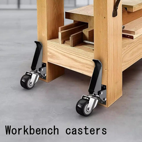 Retractable Workbench Casters With Quick Release Plate Four Pack Polyurethane Stepdown Wheels mounted on wooden workbench.