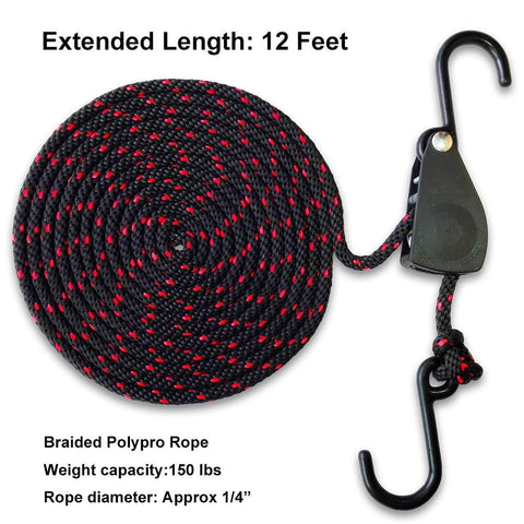 Heavy Duty Kayak And Canoe Tie Down Straps With Ratchet Pulley Rope Hanger, 12 Feet, 2 Pack, Black Sleeve Elite, braided rope with hooks