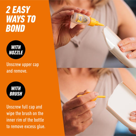 All Purpose Clear Super Glue With Brush And Precision Nozzle Fast Acting Bond For Glass Plastic Wood Metal Ceramic Rubber And Leather 12 Gram Pack For Quick Fixes, showing usage with nozzle and brush.