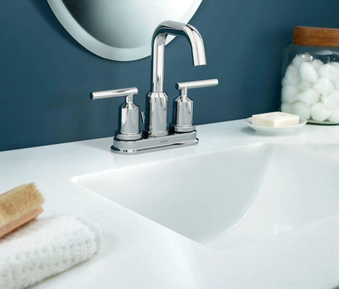 WS84228 Dope Chrome Finish Two Handle High Arc Bathroom Faucet with mirror shine installed on a modern white sink