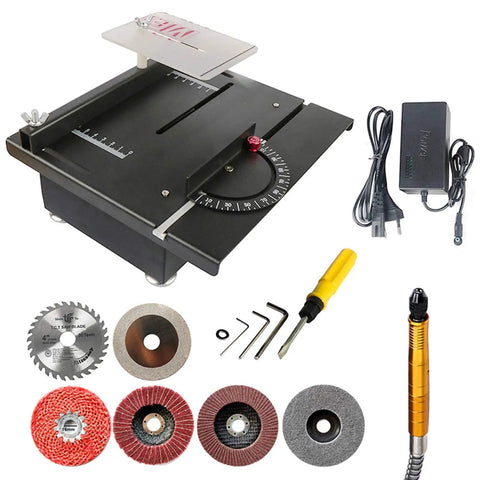 Rock Solid 24V Micro Table Saw With A Beefy 100W Motor And 7200 Rpm For Quick Cuts Up To 40mm Deep equipped with blades and tools.