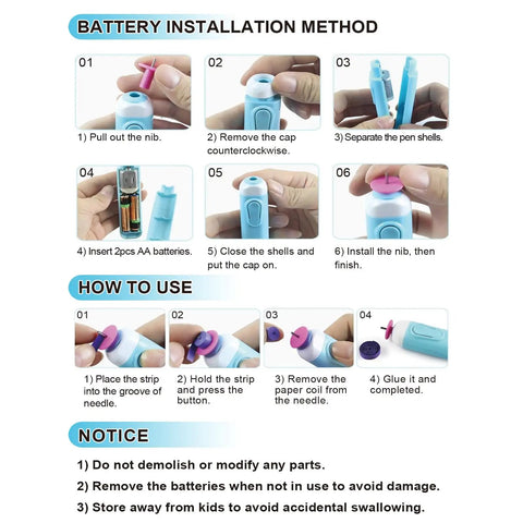 Battery installation and usage guide for Effortless Electric Quilling Pen With Dual Tip For One Sixteenth To Three Eighths Inch Paper Strips