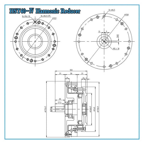 Technical drawing of Top Shelf Harmonic Drive Reducer showcasing dimensions and design for CNC rotary tables.