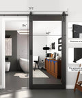 Installed Mirror Barn Door 42 Inch By 84 Inch With 7 Foot Sliding Hardware Kit, full-length frost glass, solid wood, PVC surface, black finish.