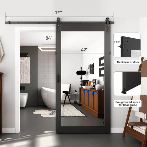 Installed Mirror Barn Door 42 Inch By 84 Inch With 7 Foot Sliding Hardware Kit, full-length frost glass, solid wood, PVC surface, black finish.
