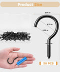 Heavy Duty Black Screw In Cup Hooks One And One Quarter Inch Metal 50 Pack Great For Hanging Kitchen Tools Garage Storage And More Rust Resistant With Smooth Edges For Easy Installation showing hook and dimensions.