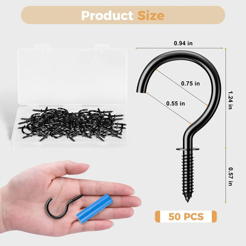 Heavy Duty Black Screw In Cup Hooks One And One Quarter Inch Metal 50 Pack Great For Hanging Kitchen Tools Garage Storage And More Rust Resistant With Smooth Edges For Easy Installation showing hook and dimensions.
