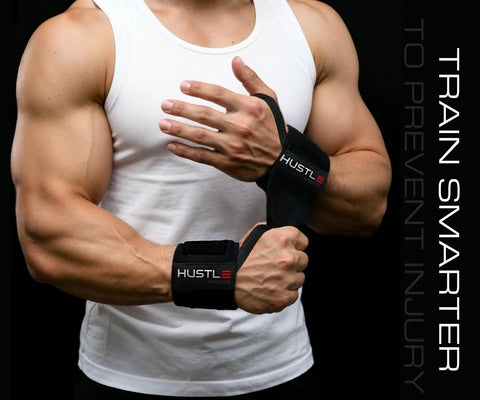 Man wearing black weightlifting wrist wraps for heavier lifts 18 inch and 12 inch premium wrist support straps.