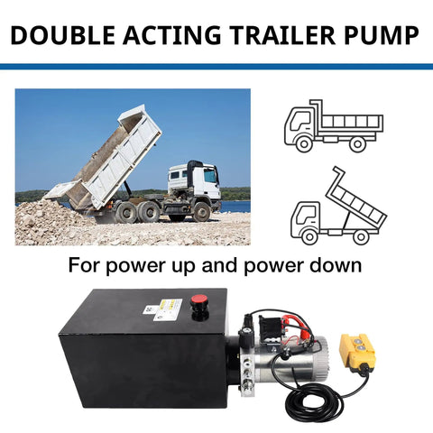12V DC Single Acting Hydraulic Pump With 15 Quart Reservoir For Dump Trailers And Car Lifting In Metal Housing 3200 PSI A Port 1500 PSI B Port