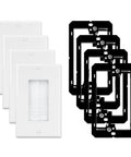 4 Pack Brush Wall Plate With Low Voltage Mounting Bracket For Hassle Free Cord Routing In Bright White Trim showing white plates and black brackets.