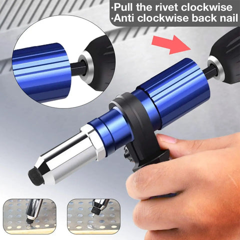 Rivet Adapter Drill Kit For Quick Auto Body Repairs in use with metal head and riveting system detail.