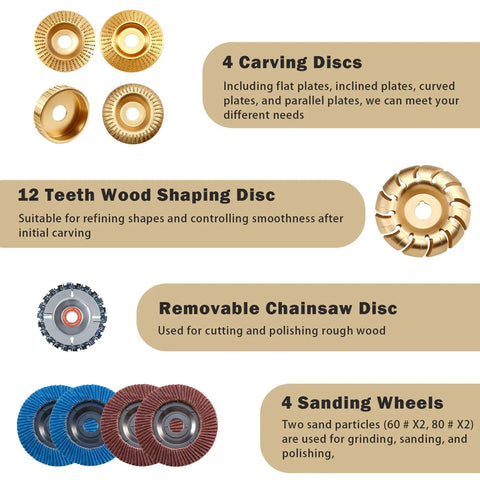14 Piece Wood Carving Disc Set For 4 Inch Or 4.5 Inch Angle Grinders With 5 Eighth Inch Arbor including carving, shaping, sanding discs