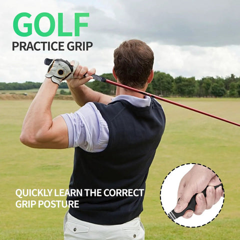 Man practicing golf swing with Right Hand Golf Training Grip For Beginners, Game Changing Swing Trainer Practice Aid on a golf course