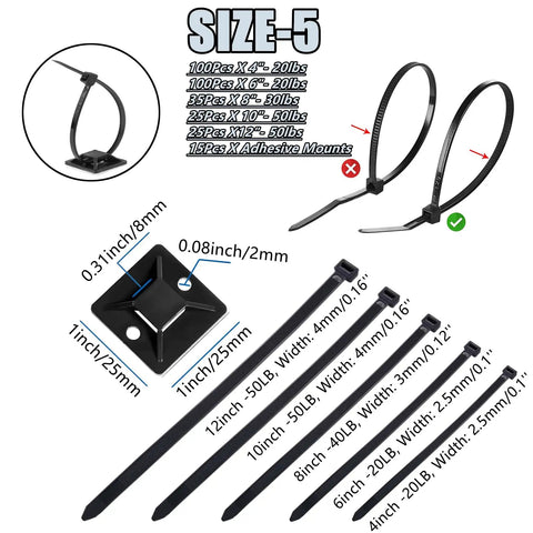 Must Have 300 Piece Zip Tie Set With Assorted Sizes From 4 To 12 Inches Self Locking Nylon Cable Ties With Adhesive Mounts