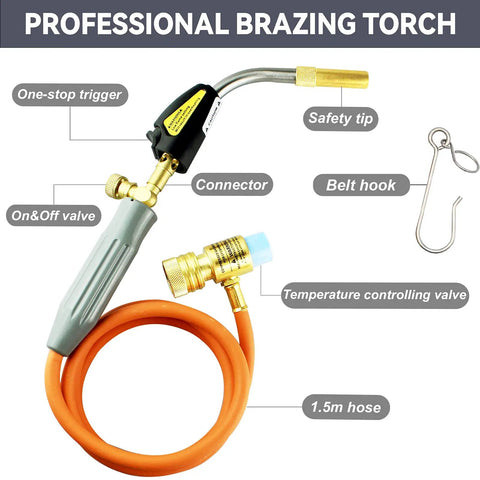 Self Ignition Propane Soldering Torch With Mapp Gas Brass Head Adjustable Swirl Flame 5ft Hose and Belt Hook, labeled details