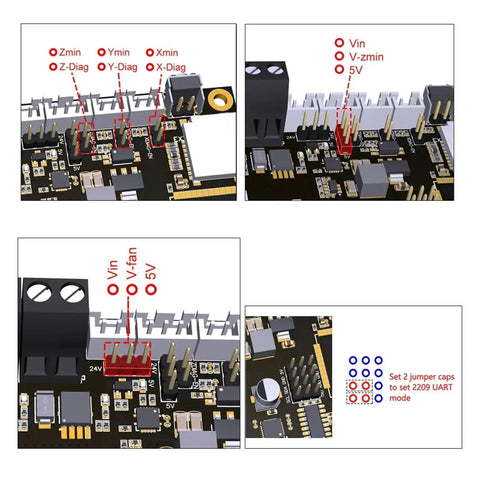 High Performance 3D Printer Control Board For E4 With Built In Antenna and TMC2209 Support showing jumper settings and connectors