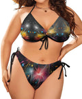 Womens Two Piece Bikini Swimsuit With Dazzling Fireworks Color, Breathable Quick Dry Fabric, Adjustable Straps And Side Ties 2XL