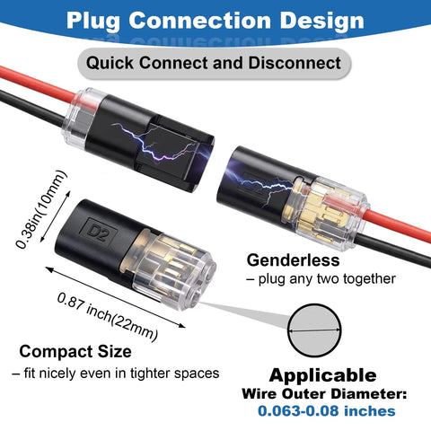 100 Piece Plug In Wire Connectors For Quick 1 Second Connections Genderless Snap Together Quick Connectors That Click In No Time No Tools Needed Easy DIY Electrical Wiring Replacement Kit Durable Safe And Reliable, black compact 10mm plug-in wire connector