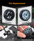 Tire options for 4WD RC Drift Car 1:16 Scale With 2.4GHz Remote, High Speed Up To 18 KMH, showing drift and racing wheels.