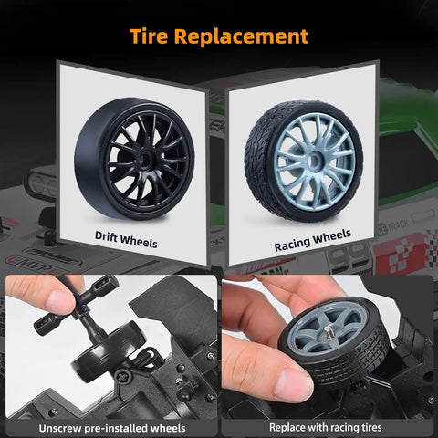 Tire options for 4WD RC Drift Car 1:16 Scale With 2.4GHz Remote, High Speed Up To 18 KMH, showing drift and racing wheels.