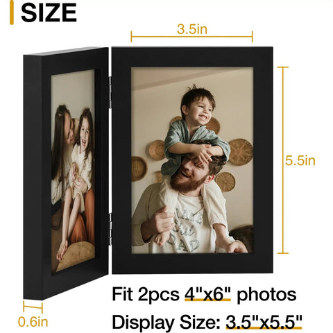 Double 4x6 Picture Frame Vertical From Engineered Wood With Plexiglass Bifold Photo Frame For Tabletop Display Holds Two 4x6 Photos In A Dope Black Finish That Fits Any Desk Or Shelf.