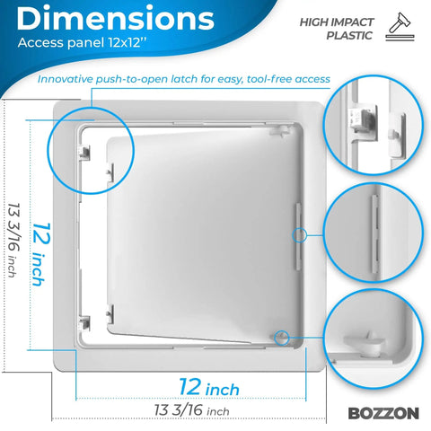 Rugged White Drywall Access Panel Fits 12 By 12 Inch Wall Cutouts With No Sweat Push To Open Latch for easy access.