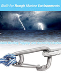 Close-up of 2-pack marine stainless steel carabiner hooks with blue/white rope for boat dock lines