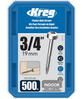 Pocket Hole Screws 3/4 Inch Fine Thread Zinc Pan Head For Indoor Woodworking, 500 Count Pack packaging showing screw and features