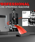 Job Site Ready 2 In 1 Manual Wire Stripper Machine with a red wire in action, showing anti-slip roller and hardened blade details.