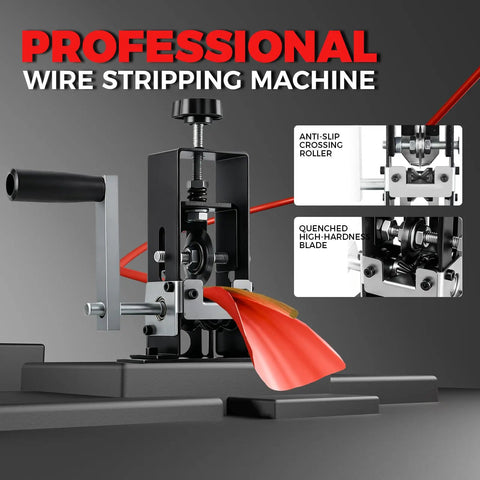 Job Site Ready 2 In 1 Manual Wire Stripper Machine with a red wire in action, showing anti-slip roller and hardened blade details.