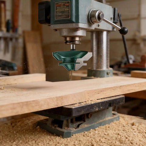 Top Notch 45 Degree Lock Miter Router Bit With Tungsten Steel Cutter For Woodworking Pros in a workshop with precise cutting action.