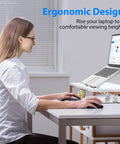 Woman using Adjustable Laptop Stand For Desk With Ergonomic Design, Ventilated Cooling, and Foldable Metal Riser for better posture