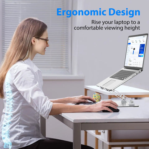Woman using Adjustable Laptop Stand For Desk With Ergonomic Design, Ventilated Cooling, and Foldable Metal Riser for better posture