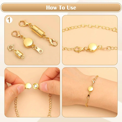 24 Pcs Magnetic Necklace Clasps Set In Round Cylindrical And Tubular Styles, Silver And Gold Finishes, used in jewelry making.