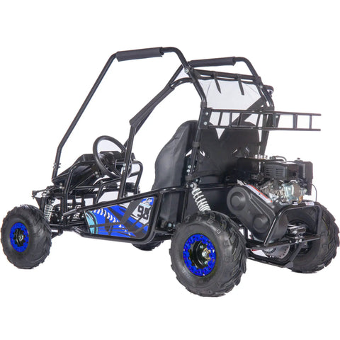 Rear angle of Mud XL 212cc Two Seat Go Kart With Full Suspension Blue Powerful 4 Stroke OHV Engine Rugged Off Road Build Durable Steel Frame