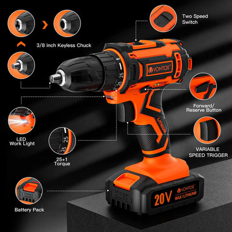 20V Cordless Drill Set for Home DIY, Includes Two 2.0Ah Batteries and Fast Charger, Three Eighth Inch Keyless Chuck, 370 Inch-Pound Torque