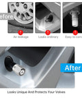 Comparison image of wheel valve stems with and without Mercedes Benz Tire Valve Stem Cap Covers 4 Pack Aluminum Alloy Metal Wheel Air Caps.