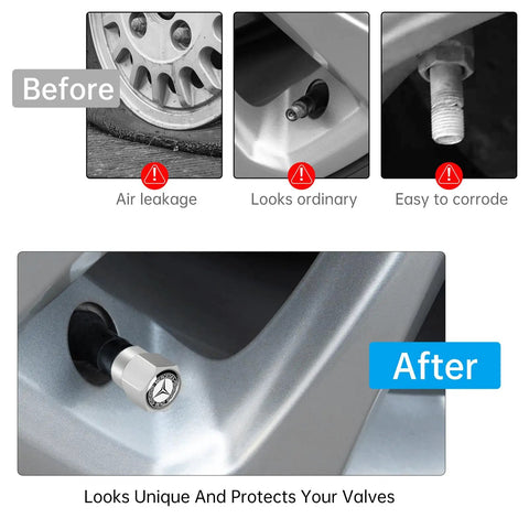 Comparison image of wheel valve stems with and without Mercedes Benz Tire Valve Stem Cap Covers 4 Pack Aluminum Alloy Metal Wheel Air Caps.