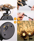 Two Pack Sun Moon Solar Garden Lights Outdoor Waterproof Metal Decorative Lamps installation and on/off switch details.