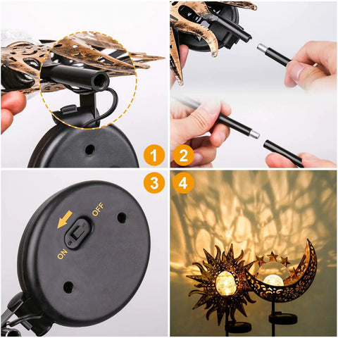 Two Pack Sun Moon Solar Garden Lights Outdoor Waterproof Metal Decorative Lamps installation and on/off switch details.