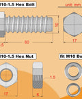 Heavy Duty M10 Hex Bolts And Nuts Set With Flat And Spring Washers For Caster Wheels Assembly Rock Solid No Sweat Hardware Kit diagram with sizes.